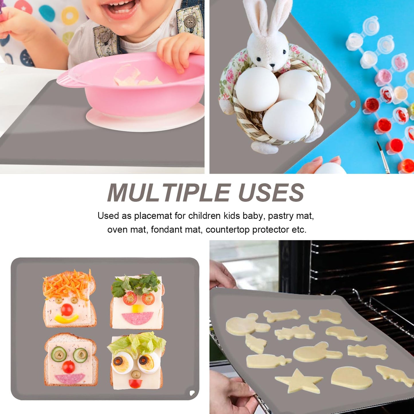 Silicone Placemats for Toddlers Thicker Version, Non-Slip Reusable Kids Placemats for Dining Table, Stain-Proof Baby Table Mat for Restaurants 6 Packs (Light Gray&Dark Gray)