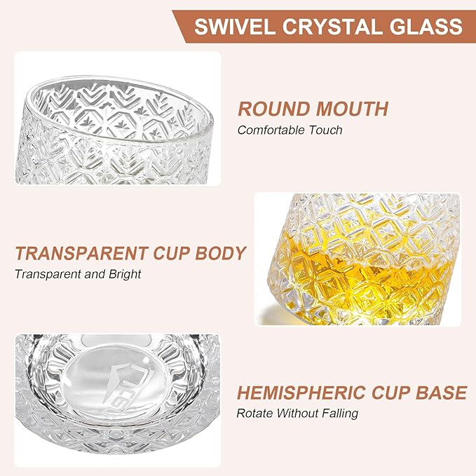 Rotatable Old Fashioned Glass Cup, 10oz/275ml Crystal Whiskey Glass, Wood Coaster, Thickening, Used as Rum Glass, Cocktail Cup, Coffee, Milk to Relax and Reduce Stress, Ideal Gift, Christmas gifts