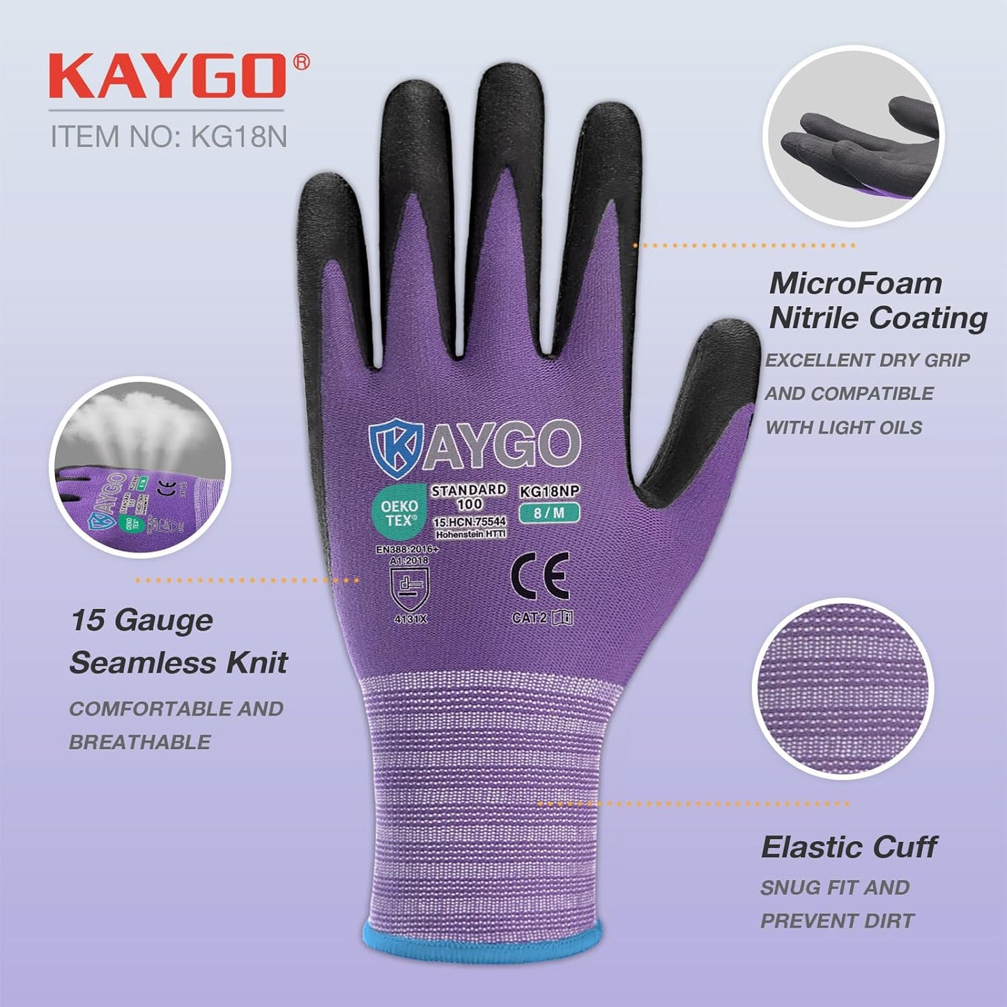 KAYGO Safety Work Gloves MicroFoam Nitrile Coated, 3 Pairs KG18NB,Seamless Knit Nylon Glove for Men and Women, Ideal for Automotive,Warehouse,Construction (Medium,Purple)