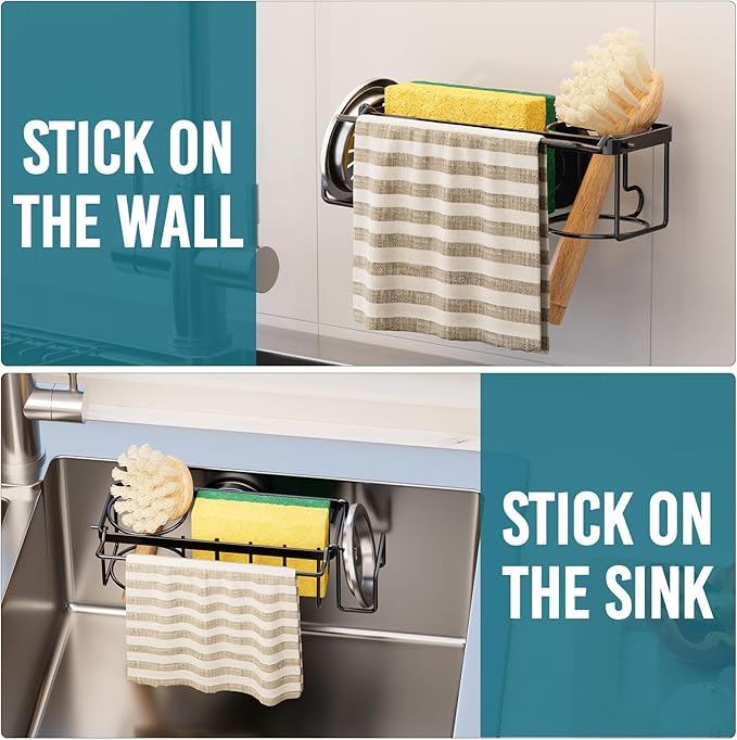 TAILI 4-in-1 Sponge Holder for Kitchen Sink with Strong Suction Cup Removable, Rustproof Stainless Steel Sink Caddy for Sponge, Brush, Scrubber, Scraper -Black