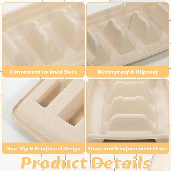 150Pcs Disposable Taco Holders for Party, Premium Bagasse Pulp Taco Plates, Taco Plates with 3 Dividers, 3-Slot Taco Tray Holder, Taco Bar Serving Set for Party Taco Tuesday Hot Dog Sandwich