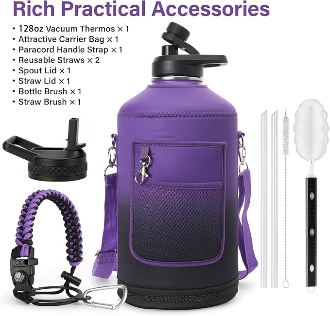 DYSANKY 1 Gallon Water Bottle Insulated | Thickened Stainless Steel Vacuum Metal Water Jug | Portable Sports Large for Gym and Hiking with Straw, Carrier Bag, Handle Strap | BPA-Free 128 oz
