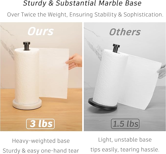 Kitchen Paper Towel Holder Countertop, Black Stainless Steel Rod, White Weighted Natural Marble Base, Heavy Duty Standing Paper Towel Roll Holders Easy One Hand Tear