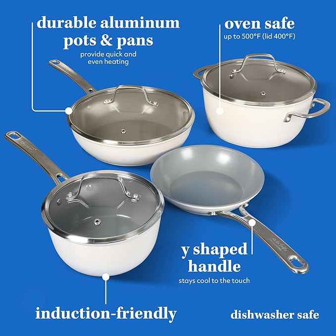 Sur La Table Kitchen Essentials 10 Piece PFA Free Non-Toxic Titanium Ceramic Nonstick Interior Forged Aluminum Cookware Pots and Pans Set - Linen White - Induction Compatible