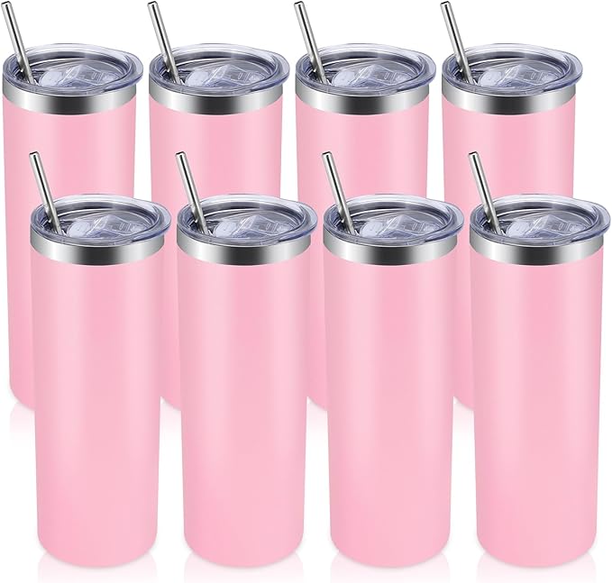 Volhoply 8 Pack Skinny Tumblers with Lid and Straw, 20oz Stainless Steel Straight Tumbler Bulk, Vacuum Insulated Coffee Mug for Home, Office, Travel, DIY (Pink,8 Pack)