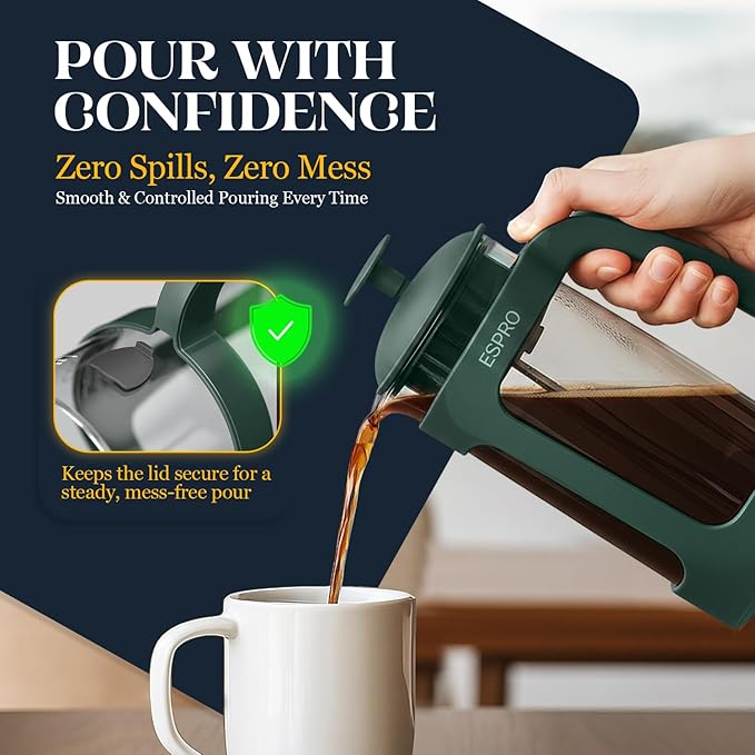 ESPRO Light P3 French Press Coffee Maker – Patented Double Micro-Filter for Grit-Free Brew, Heat Resistant thicker Borosilicate Glass Coffee press – (Green - 32 oz)