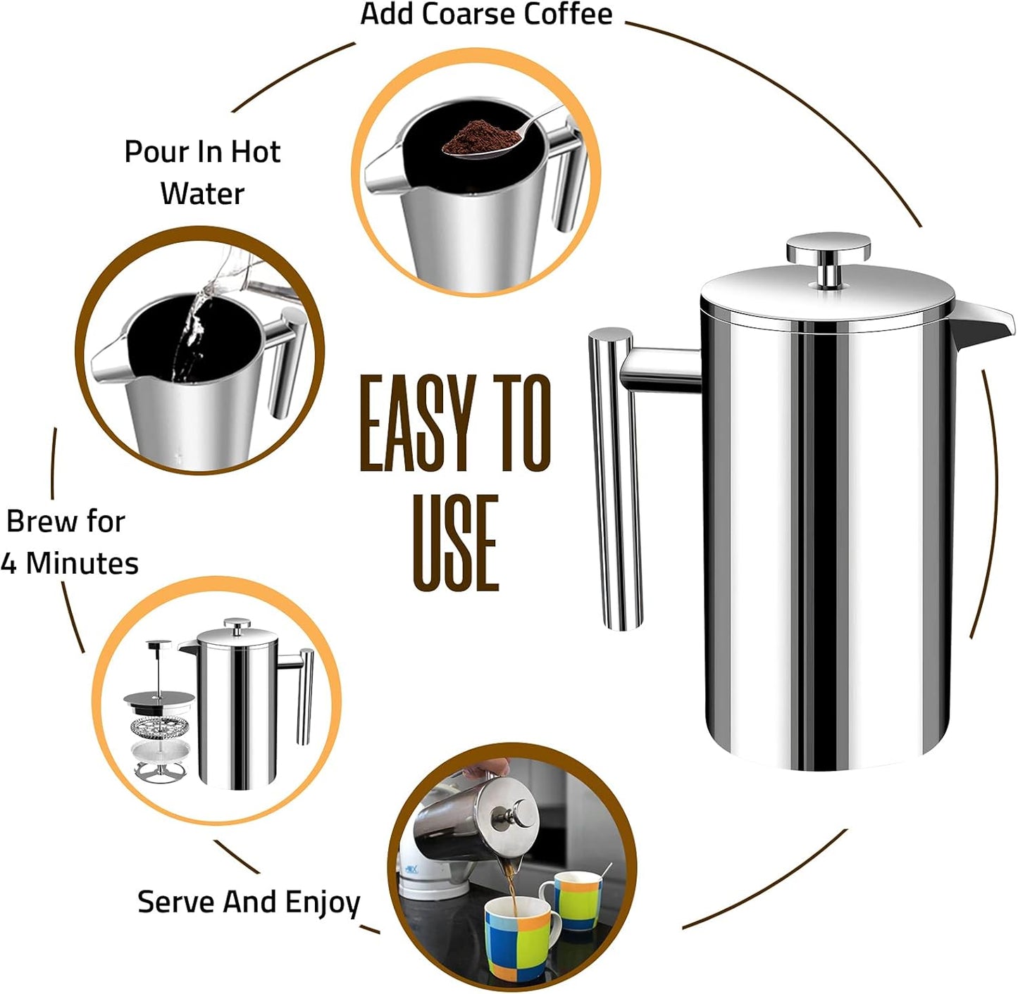 Utopia Kitchen Stainless Steel French Press Coffee Maker 12 Oz, French Press Tea Maker, Cold Brew Portable Travel Coffee Presses, Tea Press Gifts Silver