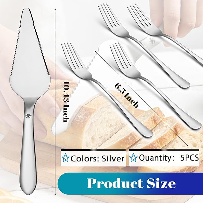 Eisinly 1 Pcs Cake Pie Server and 4 Forks Set for Wedding, Elegant Pizza Slicer Server Set with Stainless Steel Big Serrated Edges, Cake Cutter Pie Spatula for Birthday Anniversary, Silver