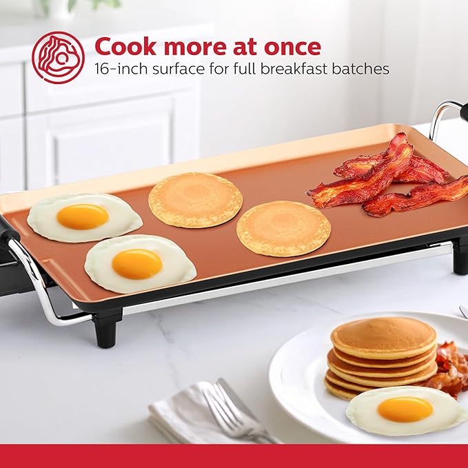 Holstein Housewares 16-Inch Electric Griddle, Healthy-Eco Non-stick Coating and Smokeless, Large Cooking Surface for Making Eggs, Chicken Chops and Ham, Multifunctional, Copper and Black Color