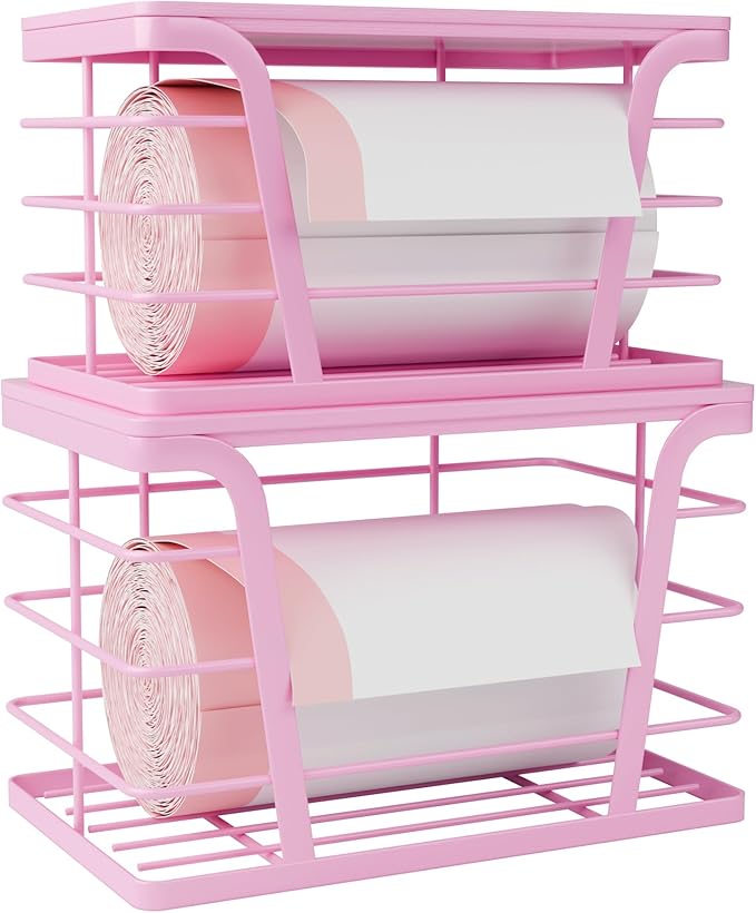2 Pack Pink Trash Bag Holder - Stackable Garbage Bag Dispenser with Bamboo Top, Kitchen Accessories & Decor, Wall Mount Storage for Kitchen, Home, Bathroom Decor & Gifts