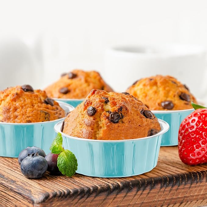 Tessco for you 100 Pcs Disposable Ramekins with Lids 8 oz Creme Brulee Ramekin Aluminum Foil Cup Cupcake Liner Baking Valentines Disposable Muffin Tin Pan Cheesecake Container (Blue,Silver)