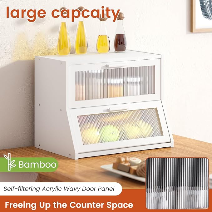 GHWIE Double Layer Bamboo Bread Box for Kitchen Counter,Large Capacity Bread Storage Bin,Bread Container with Acrylic Wavy Door Panel (White, Medium)