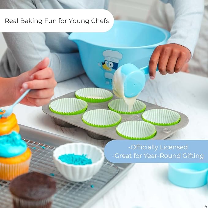 Handstand Kitchen Bluey My First Real Kitchen Tools Set with 1.5 Quart Mixing Bowl, Measuring Spoon Set, Measuring Cup Set and 8.5" Whisk