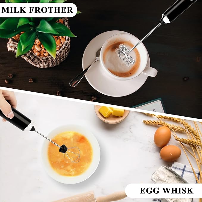 Electric Double Whisk Milk Frother Handheld Black USB Rechargeable Drink Mixer, 3 Speeds Adjustable Electric Whisk Foam Maker Detachable for Coffee, Lattes, Matcha, Hot Chocolate