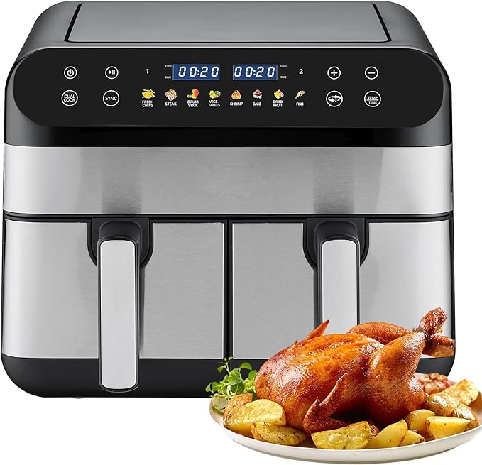 9.5 Quart 8-in-1 DualZone 2-Basket Air Fryer with 2 Independent Frying Baskets, Match Cook & Smart Finish to Roast, Broil, Dehydrate & More for Quick, Easy Meals, Black