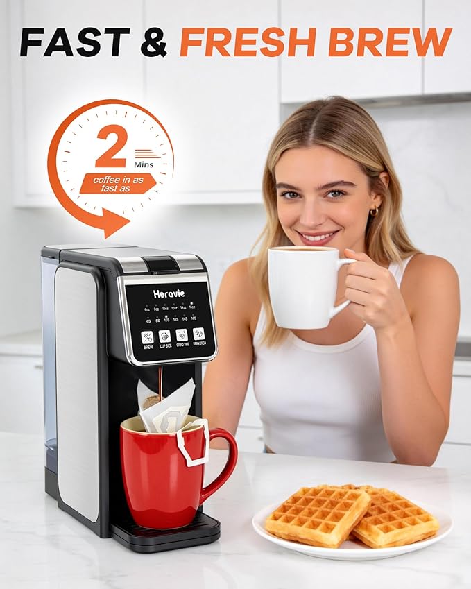 Horavie Single Serve Coffee Maker with Built-in Grinder, Fast Brew 6-16oz Single Cup for Whole Beans, Grounds, K Pod, Grind and Brew Coffee Maker with 47oz Water Tank, Descaling Alert, Black