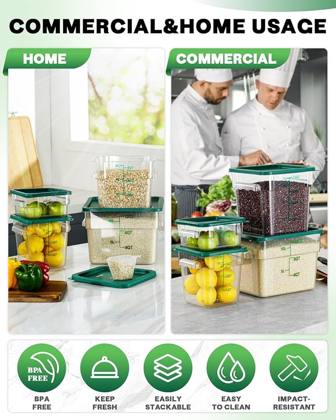 4L NSF Food Storage Containers: 4 PCS [Food Grade][Hot&Cold Resistant] Commercial Clear Food Storage Containers with Lids for Restaurant Kitchen Proof Dough, Measuring Spoons Included(Green)