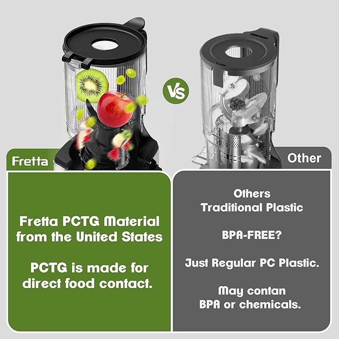 Cold Press Juicer Machines,Fretta Juicer Machines with PCTG Material from the USA,Fit Whole Fruits & Vegetables,Truly BPA-Free,Easy to Clean,Black
