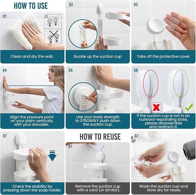 TAILI Double Layer Soap Dish & 2 Pack Suction Corner Shower Caddy, Bathroom Shelf Storage Basket Wall Mounted Organizer for Shampoo, Conditioner, Tub and Kitchen Sink, Drill-Free, Removable