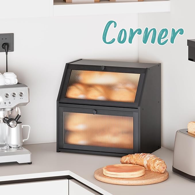 Extra Large Black Bread Box for Kitchen Counter, Large Bamboo Wood Double Layer Bread Box, Wooden Bread Storage Capacity