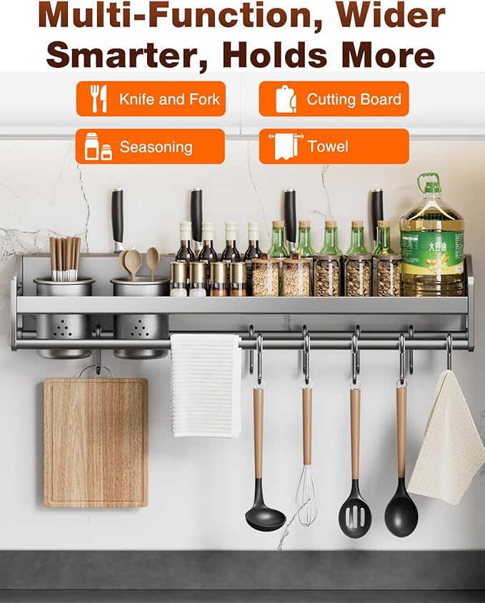 kitchen utensil hanger, wall mounted rail with hooks, waterproof for utensils, easy installation without drilling (27.56 inches, Cups, 2)