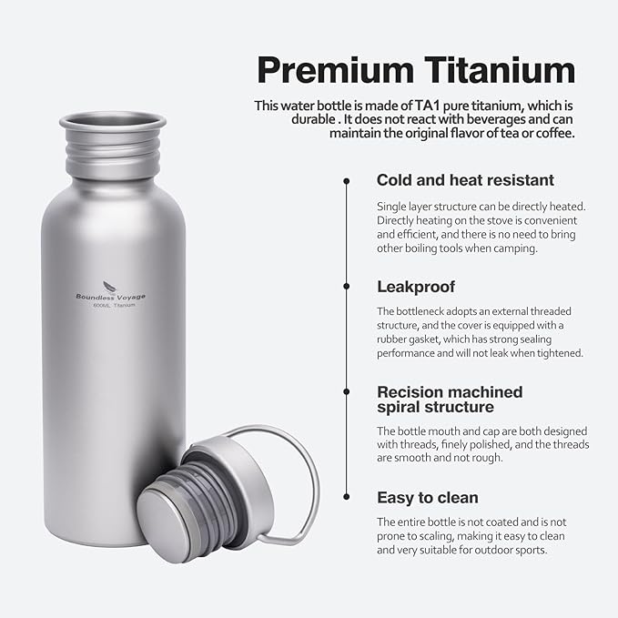 Boundless Voyage Titanium Water Bottle with Lid Wide Mouth Leak-Proof Reusable Sport Drinking Bottle for Camping Hiking Picnic Climbing Running Tea Coffee (600ml)