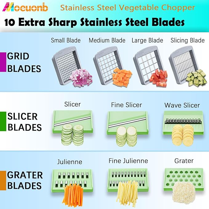 Stainless Steel Vegetable Chopper with 10 Blades - Mandoline Slicer-Pro Food Chopper with Container - Veggie Salad Onion Chopper - Potato Dicer - Tomato Cutter - Cheese Grater