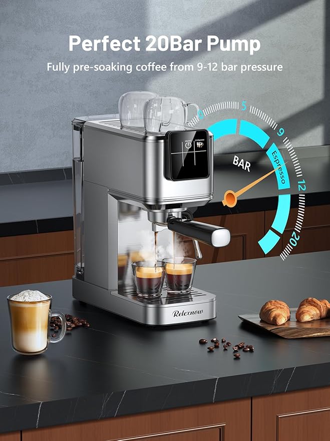RELEXNOW Espresso Machine, 20 Bar Espresso Maker Milk Frother & LCD Panel, Hot & Iced Coffee Machine, Stainless Steel Espresso Coffee Machine with 41oz Water Tank for Cappuccino, Latte