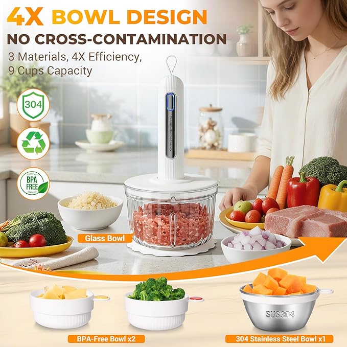 Cordless Food Processor 4 Bowls(6.5Cup+1.3Cup+2x0.6Cup)【800W Pure Copper Motor】【3 Sets SUS304 Blades】Meat Grinder-USB Rechargeable Food Chopper for Meat,Garlic,Vegetable,Fruits,Sauces,Baby Food