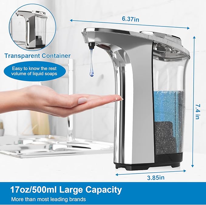 PZOTRUF Automatic Soap Dispenser, Touchless Dish Soap Dispenser 17oz/500ml with Upgraded Infrared Sensor, 5 Adjustable Soap Dispensing Levels, Liquid Hand Dispenser for Bathroom (Silver Set)
