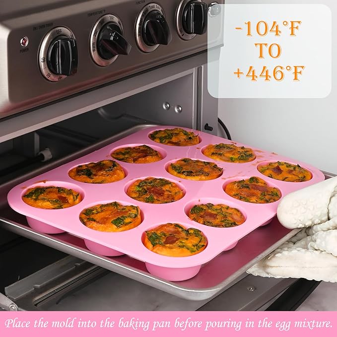 Sakolla 2 Pack Silicone Muffin Pan, Nonsticks 12 Cups Standard Cupcake Pans, Silicone Molds for Baking Muffin, Egg Bite, Cupcakes, Tart and Quiche (Pink & Green)