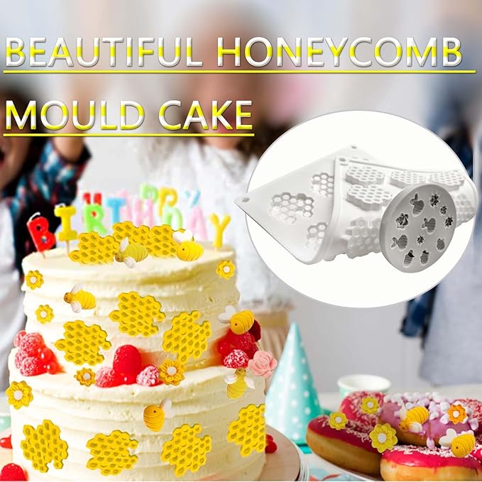 2PCS 15 Cavity Honeycomb Mold & Bee Silicone Tuile Molds,Honey comb Baking Mold,3D Beehive Candy Silicone Honey Fondant Molds,Chocolate silicone baking set Sugar Bees for Cake Decorating