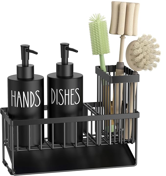 MASADI Kitchen Dish Soap Dispenser Set with Sponge Holder, 12OZ Glass Bottle, Hand and Dish Soap Dispenser Set, Non-Slip Silicone Pad, Brush Holder, Kitchen Sink Organizer Countertop (Black)