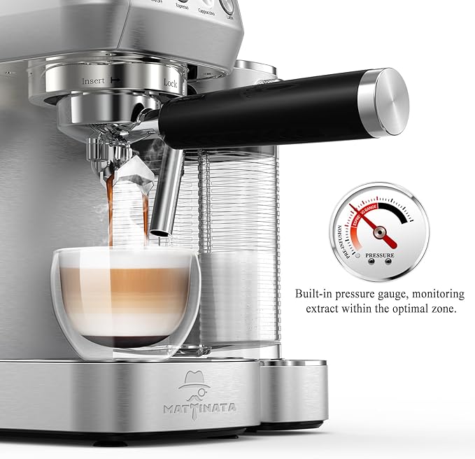 MAttinata Cappuccino Coffee Machine with Automatic Milk Frother, Compact Espresso Machine with Pressure Gauge, Stainless Steel Cappuccino Maker with for Home, Office