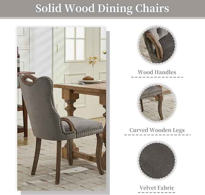 Grey Velvet Dining Chairs Set of 2，Modern Upholstered Dining Room Chairs with Tufted Back and Wood Handles, Curved Solid Wood Legs, Sillas de Comedor