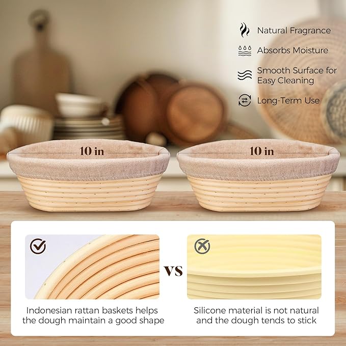 Banneton Bread Proofing Baskets and Sourdough Bread Baking Supplies - Sourdough Starter Kit 10" Oval Set of 2, 6 Accessories