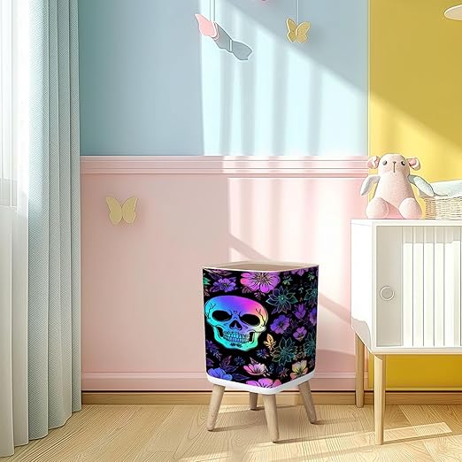 Small Trash Can with Lid Seamless Holographic Bright Human Skulls Flowers Wastebasket with Press Cover Dog Proof Garbage Can Waste Bin for Kitchen Bathroom Nursery 2.6 Gallon