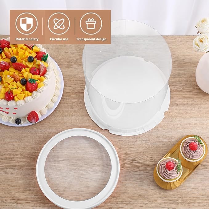 JCD Multi-Layer 6 Pack Clear Cake Box with Ribbon,Tall Cake Box Carrier, Tiered Transparent Cake Packaging Boxes 10 Inch, PET Round Cake Containers for Party (Clear lid, Round 10inch/6pcs)