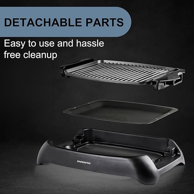 OVENTE Electric Indoor Grill with 13x10 Inch Non-Stick Cooking Surface, 1000W Fast Heat Up Power, Adjustable Temperature, Removable and Dishwasher Safe Grilling Plate and Drip Tray, Black GD1632NLB