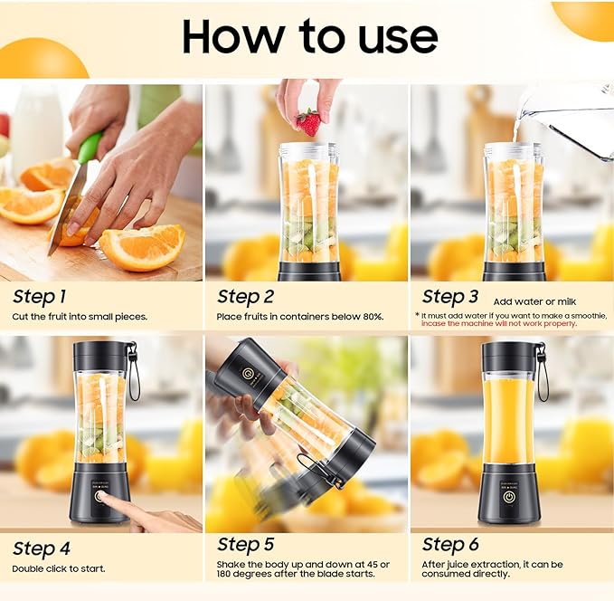 Portable Blender for Smoothies & Shakes - Cordless Personal Size Blender with 6 Blades, 380Ml Juice Cup, Lightweight & Rechargeable, Freshly Squeezed for Picnic/Sports/Office