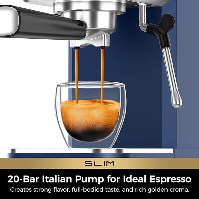 CHULUX Slim Espresso Machine with Milk Frother, 20 Bar Professional Italian Pump Espresso Coffee Machine for Home Cappuccino & Latte Maker, Stainless Steel, Navy