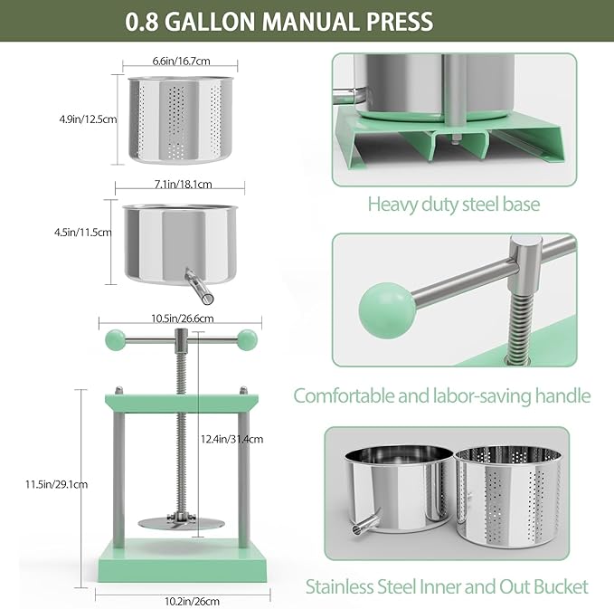 EJWOX 1.6 Gallon Manual Press - Professional Stainless Steel Fruit & Vegetable Juicer with Filter Bag - Large 6L Capacity Honey Extractor & Cheese Squeezer - Heavy Duty Hand Press for Plant Infusions