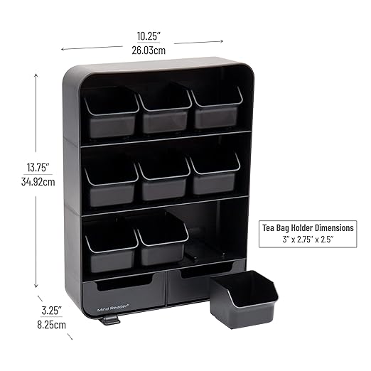 Mind Reader Tea Bag Organizer, Tea Station Organizer, Countertop Storage, Kitchen, Plastic, 10.25"L x 3.25"W x 13.75"H, Black