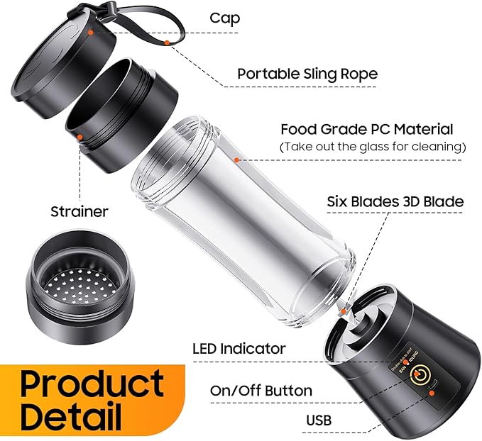Portable Blender for Smoothies & Shakes - Cordless Personal Size Mini Blender with BAP Free Juice Cup, USB Rechargeable Suit for Sports/Picnic, Mother's Day