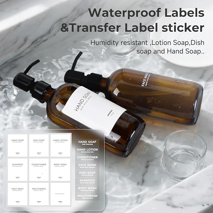 Glass Soap Dispenser Set for Kitchen, Hand and Dish Soap Dispenser with Stainless Steel Pump & Resin Tray, Rental-Modern Refillable Countertop Soap Dispenser for Kitchen Hotel,Amber