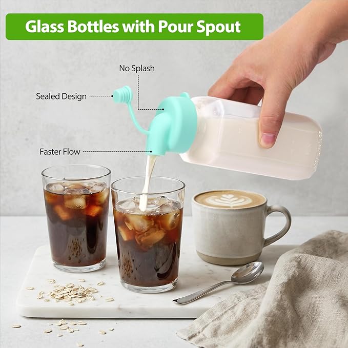 CUCUMI 12 Pack 16 Oz Glass Milk Bottles with Lids, Glass Juice Bottles with Scale & Silicone Pour Spout, Reusable Juice Containers Square Drinking Jars for Milk, Coffee, Smoothies, Water