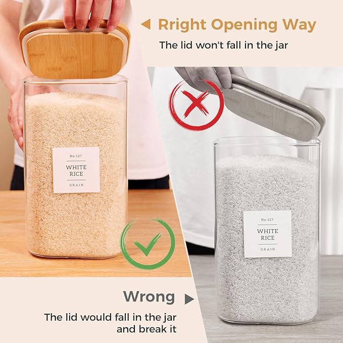 CZZGSM 2 Pack Square Glass Flour and Sugar Containers with 132 Kitchen Pantry Labels - Thicken 149 FL OZ Large Glass Storage Jars with Airtight Bamboo Lid - Big Food Canisters for Rice, Pasta, Cookie
