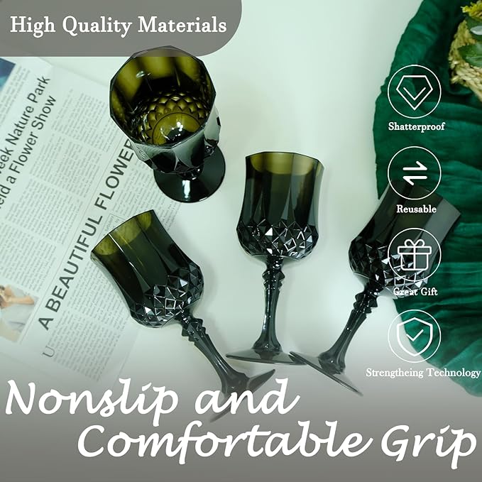 Plastic Wine Glasses, Plastic Goblets Vintage Style Cordial Unbreakable Drinking Glasses, Reusable Drinkware for Wedding Reception, Grand Event Party Supplies (12, Black)