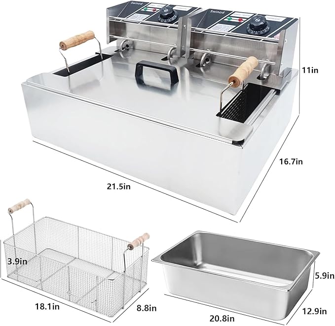 Commercial Deep Fryer with Baskets, 3400W 12.7QT/12L Thickened Stainless Steel Countertop Electric Oil Fryer, Large Capacity with Temperature Control (12L Pro)