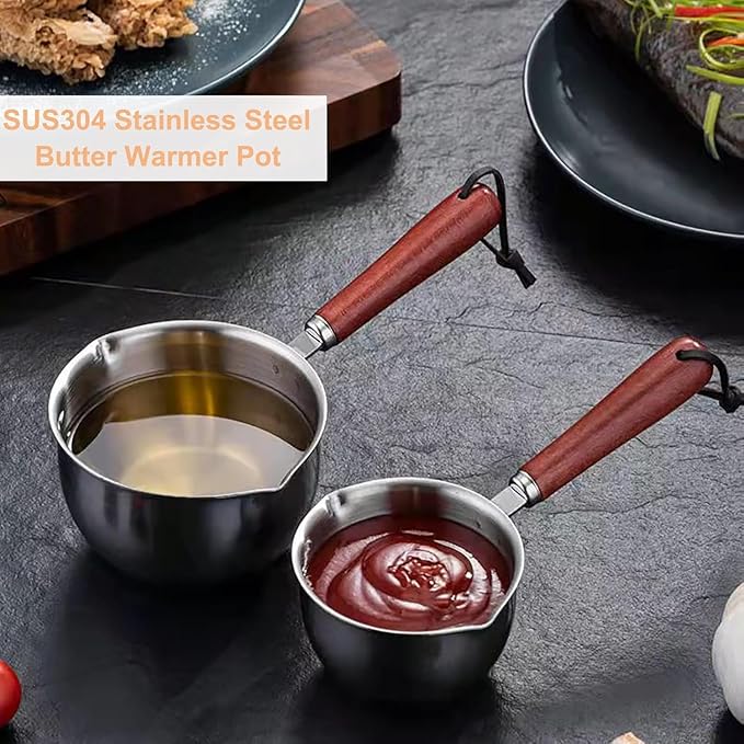 Butter Warmer Pot, 300ml 4.1x2.36in Milk Pot for Stove, Versatile Small Stainless Steel with Pour Spout and 4in Wooden Handle for Melting Butter, Heating Sauces, or Making Coffee